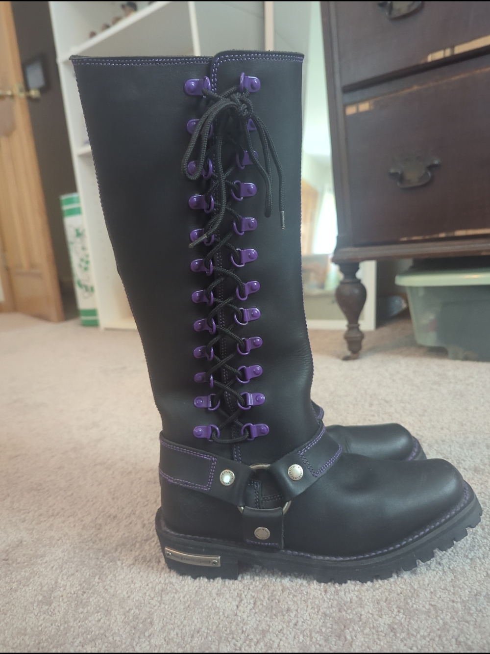Women's Black Lace-Up Knee Boots with Purple Eyelets